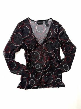 New York & Company Black Mesh Front Tie Top — Red & White Circle Print Cyber S